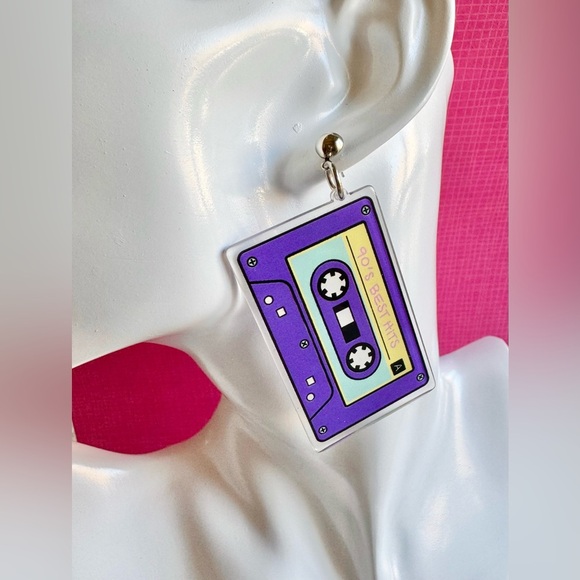 New Retro 90’s Style Purple Acrylic Cassette Music Mix Tape Dangle Earrings - Picture 2 of 5